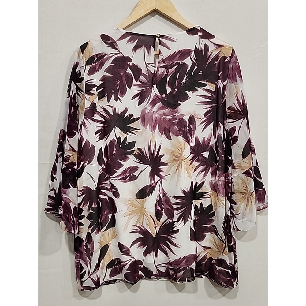 Calvin Klein Blouse Womens L Purple Floral Sheer Slip-in 3/4‎ Sleeve Tropical - Picture 10 of 10